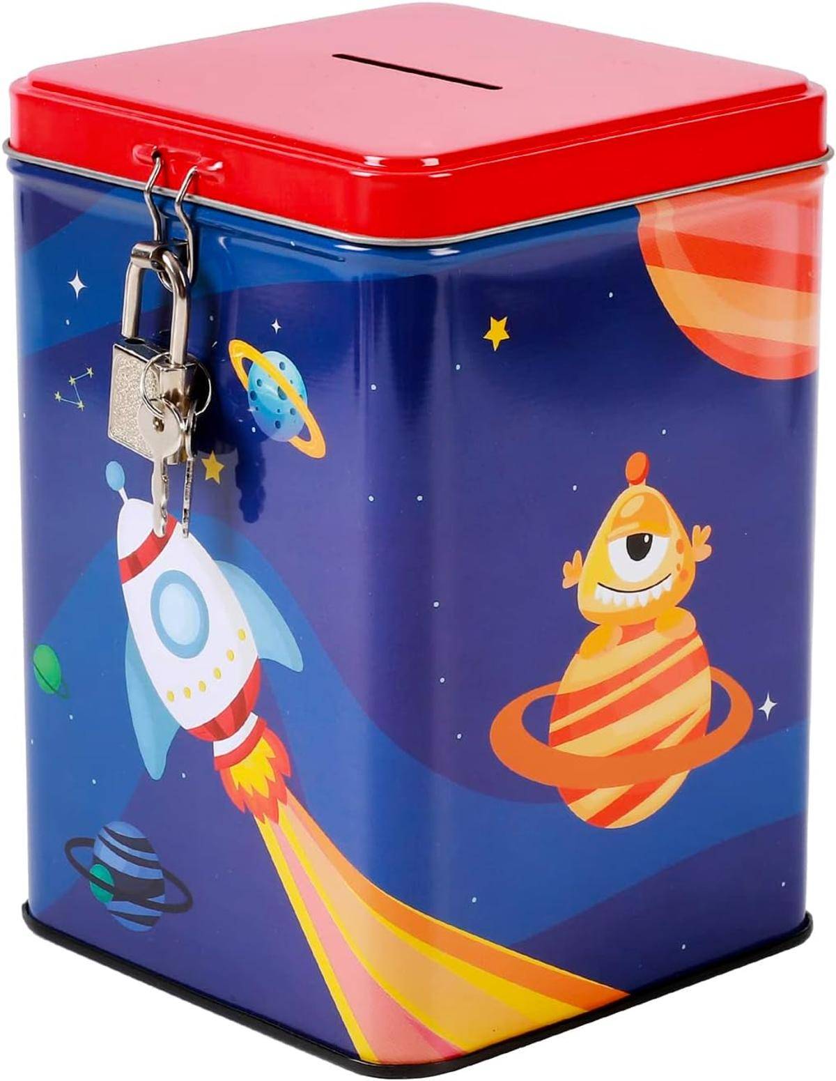 I-TOTAL® Spardose Vorhängeschloss Schlüssel Sparbüchse Metall Weltraum Rakete