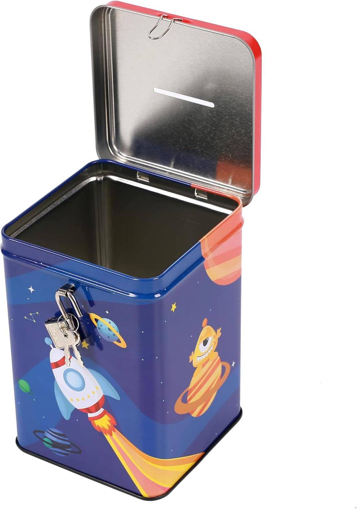 I-TOTAL® Spardose Vorhängeschloss Schlüssel Sparbüchse Metall Weltraum Rakete