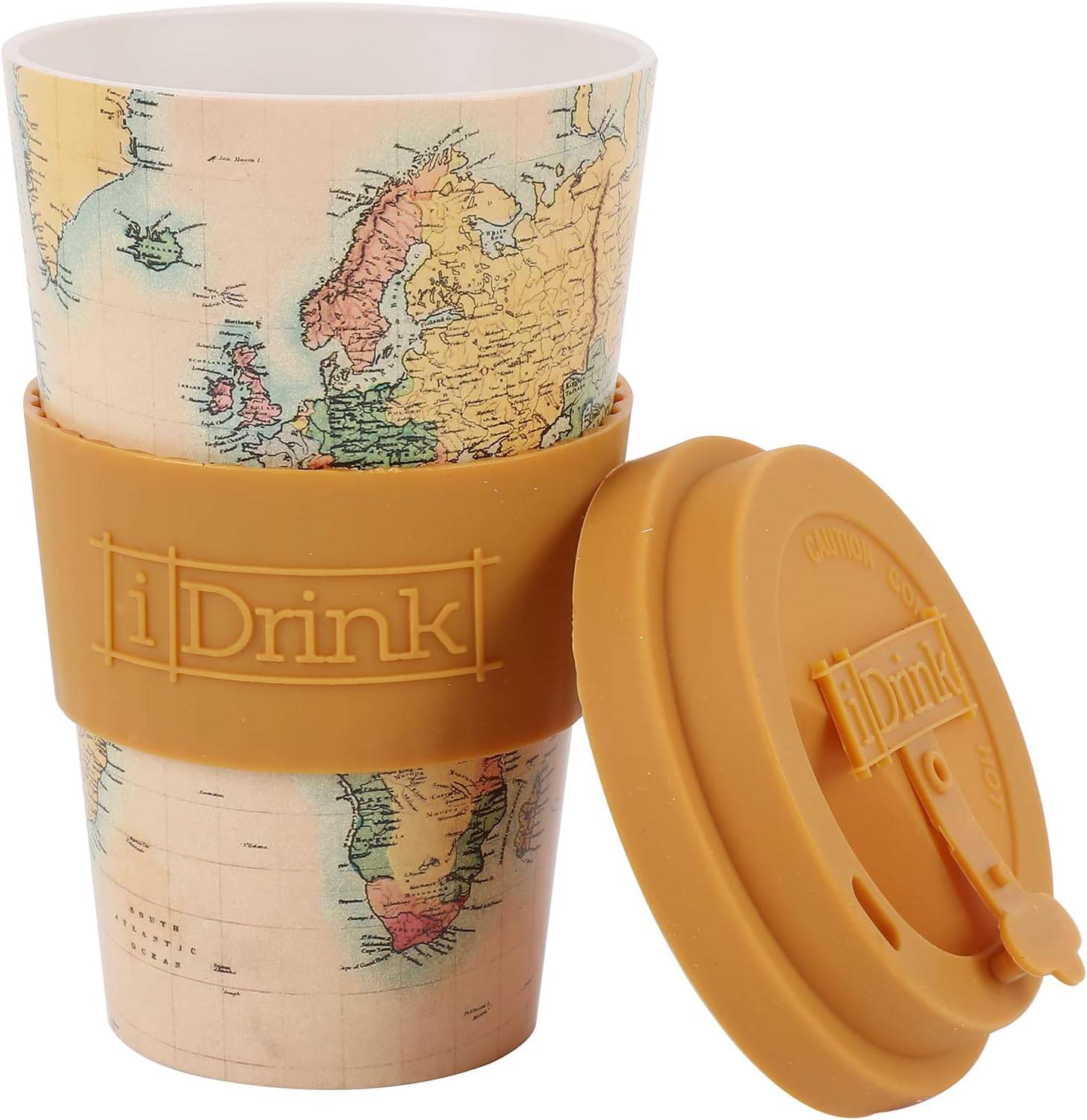 IDRINK®- RPET-Kaffeebecher mit Silikonverschluss 435 ml Becher Old Map