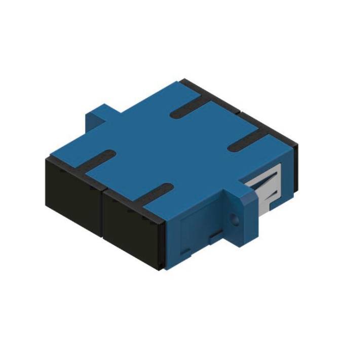 Ein blauer und schwarzer elektrischer Stecker mit rechteckiger Form, mit einer Seitenklinke für sichere Befestigung.