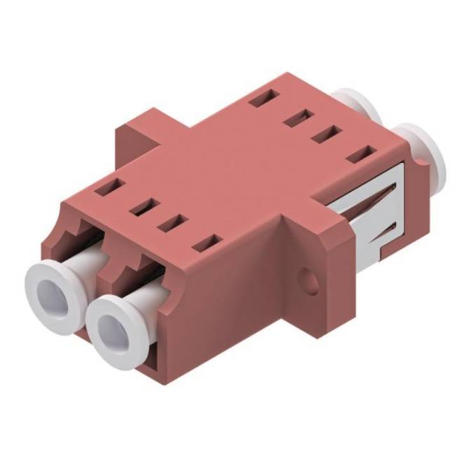 „Duplex LC-Adapter mit beigem Gehäuse und zwei weißen Anschlüssen.