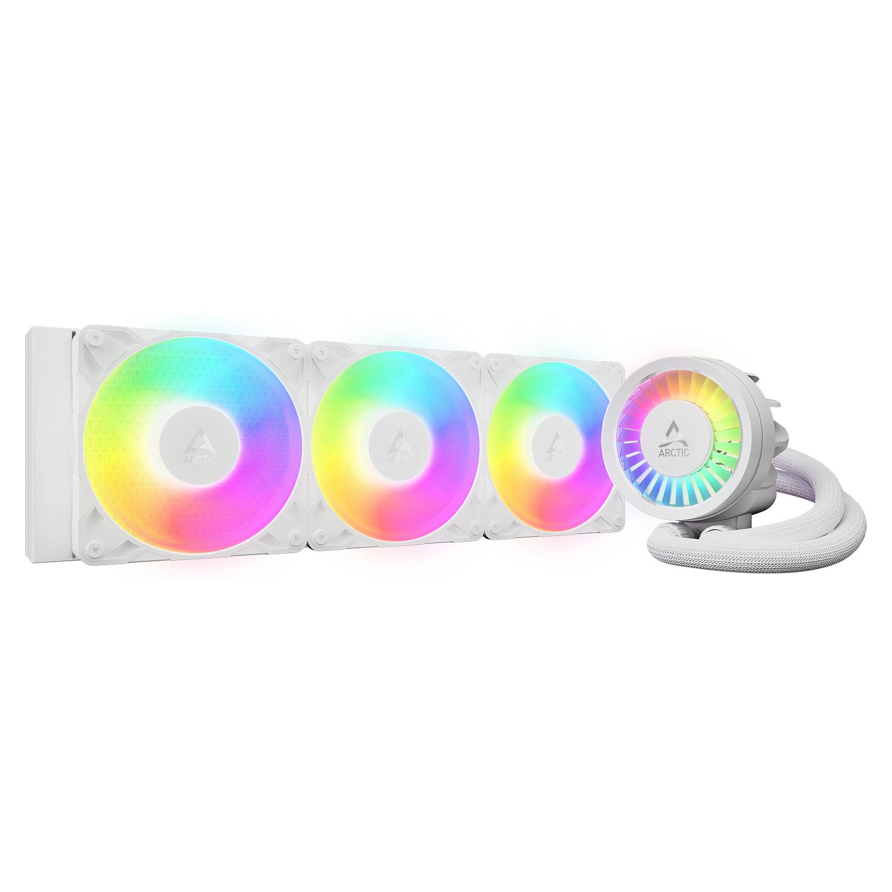 Eine Serie von vier weißen Computerlüftern und einem kreisförmigen CPU-Kühler mit RGB-Beleuchtung, die lebendige Regenbogenfarben anzeigt.