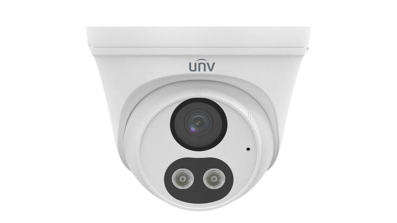 Sicherheitskamera mit zwei Infrarotleuchten und Objektiv, weißes Kuppeldesign, Markenlogo „UNV