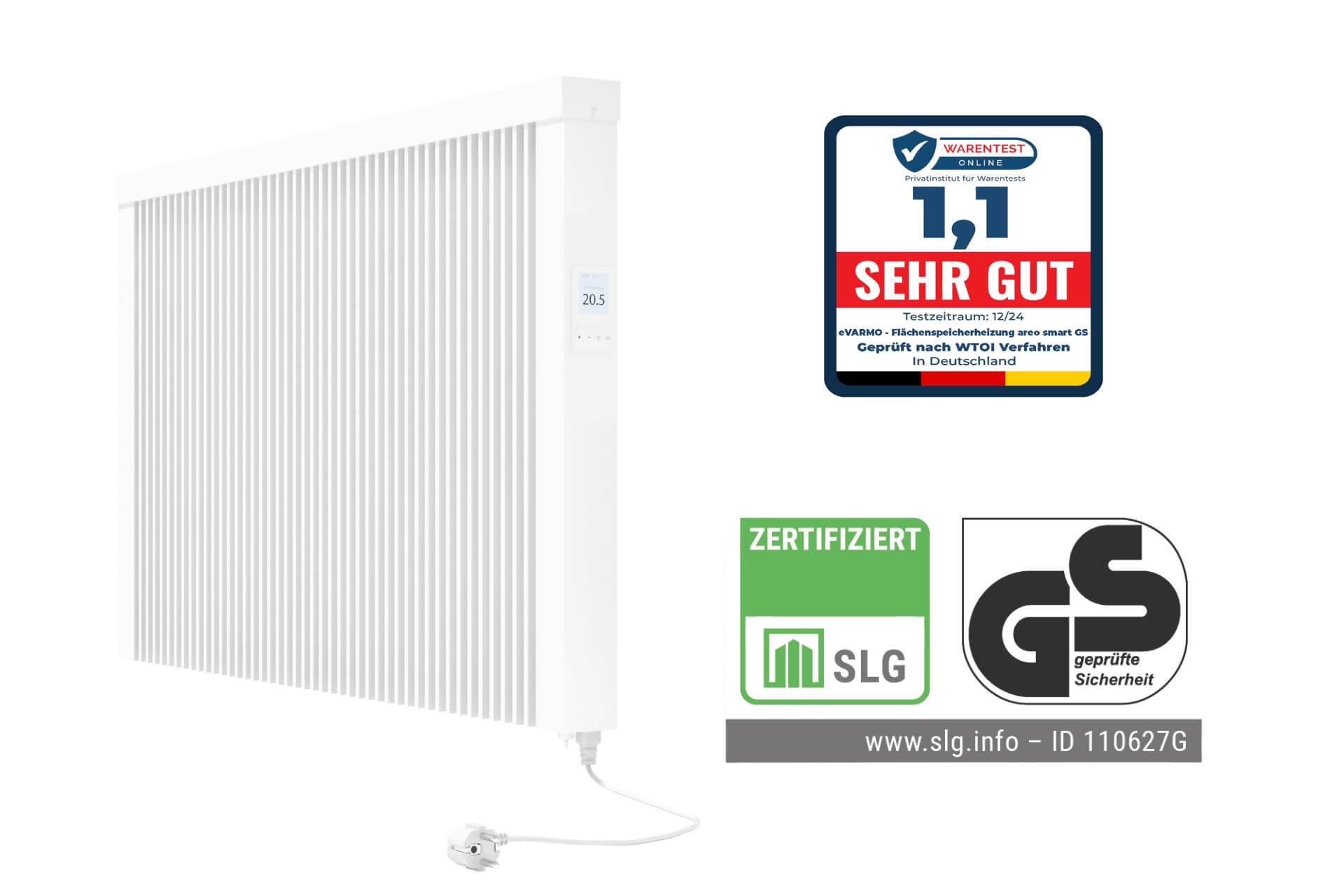 Elektroheizung areo smart GS Flächenspeicherheizung 1500 Watt - geprüfte Sicherheit - digitales Thermostat mit LCD-Display von eVARMO