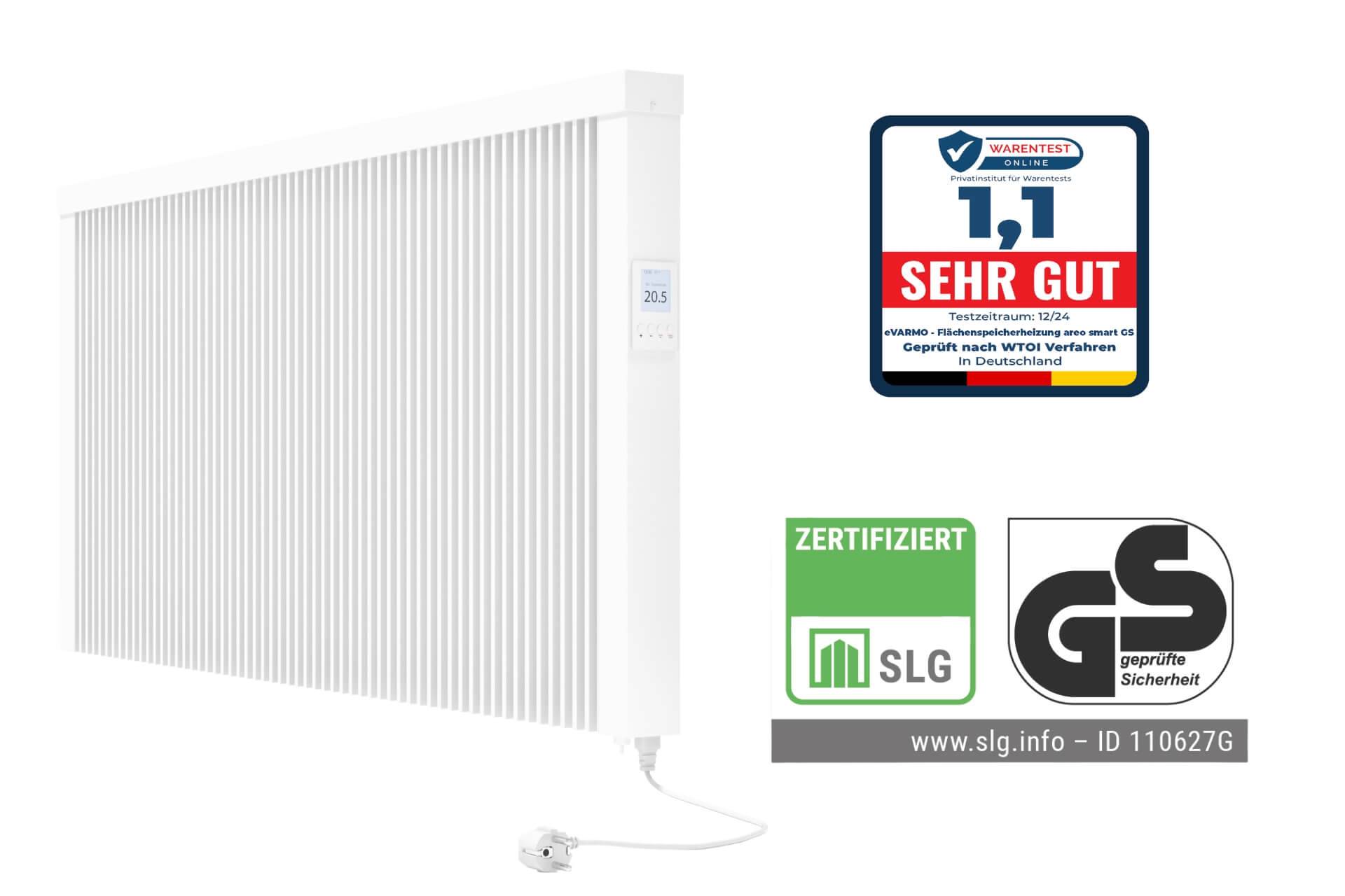 Elektroheizung areo smart GS Flächenspeicherheizung 2400 Watt - geprüfte Sicherheit - digitales Thermostat mit LCD-Display von eVARMO