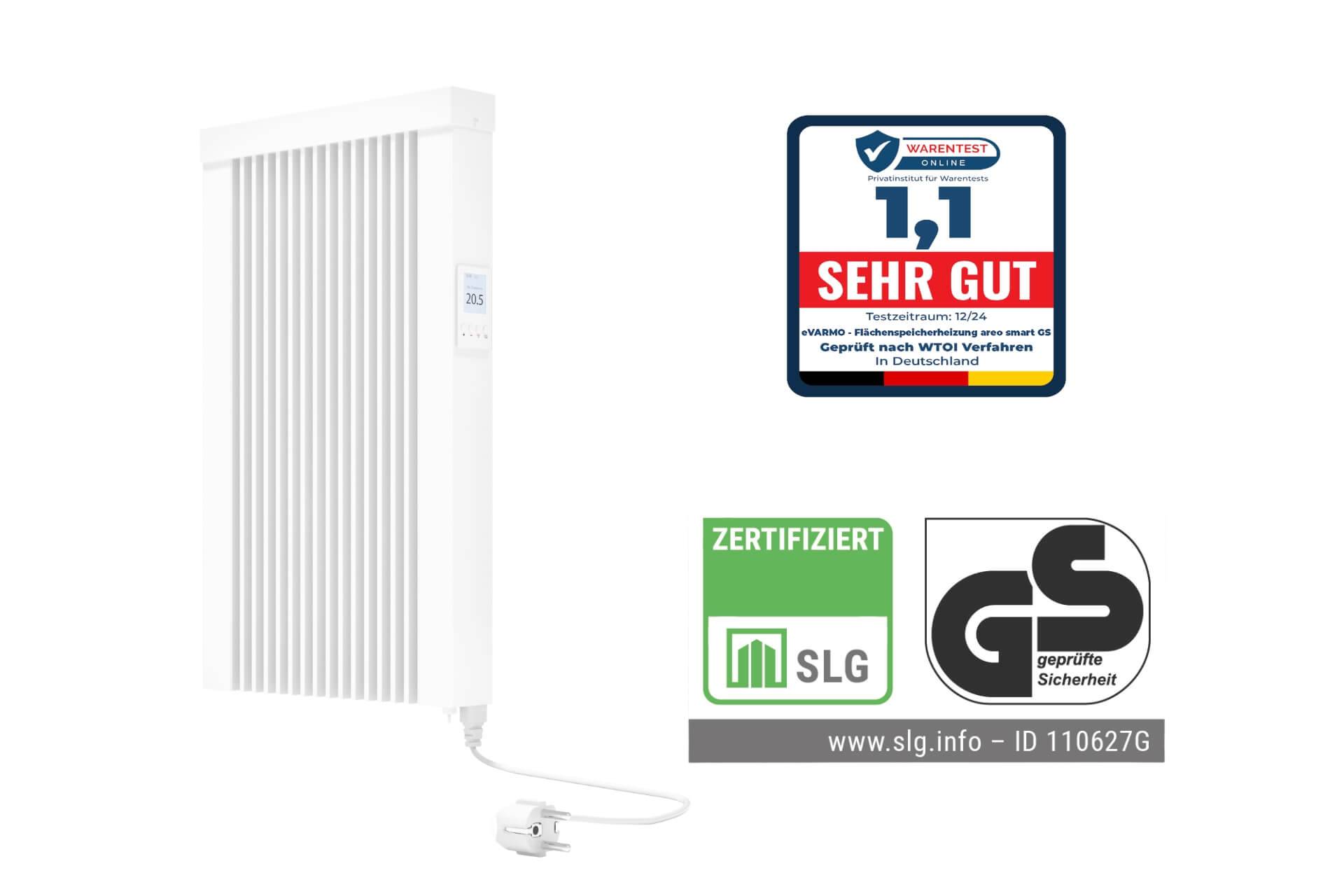 Elektroheizung areo smart GS Flächenspeicherheizung 800 Watt - geprüfte Sicherheit - digitales Thermostat mit LCD-Display von eVARMO