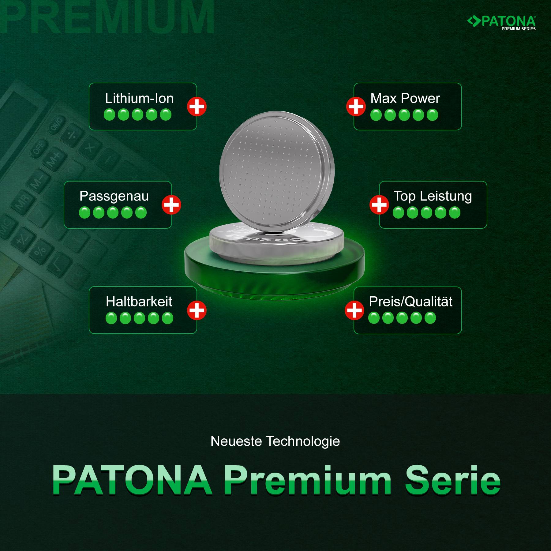 PATONA Premium 500x CR2032 Batterien (50x10er) Pack 3V Lithium