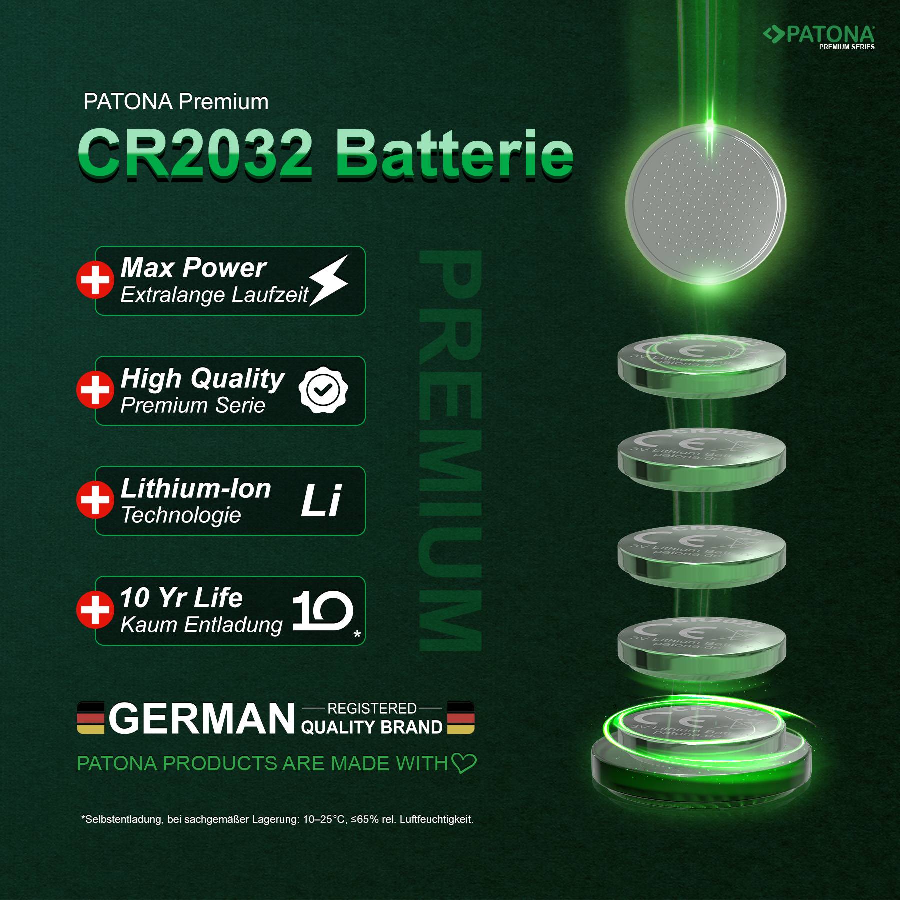 PATONA Premium 500x CR2032 Batterien (50x10er) Pack 3V Lithium