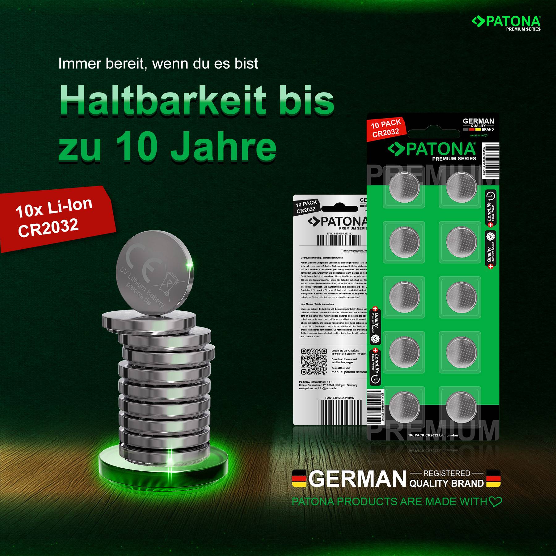 PATONA Premium 50x CR2032 Batterien (5x10er) Pack 3V Lithium