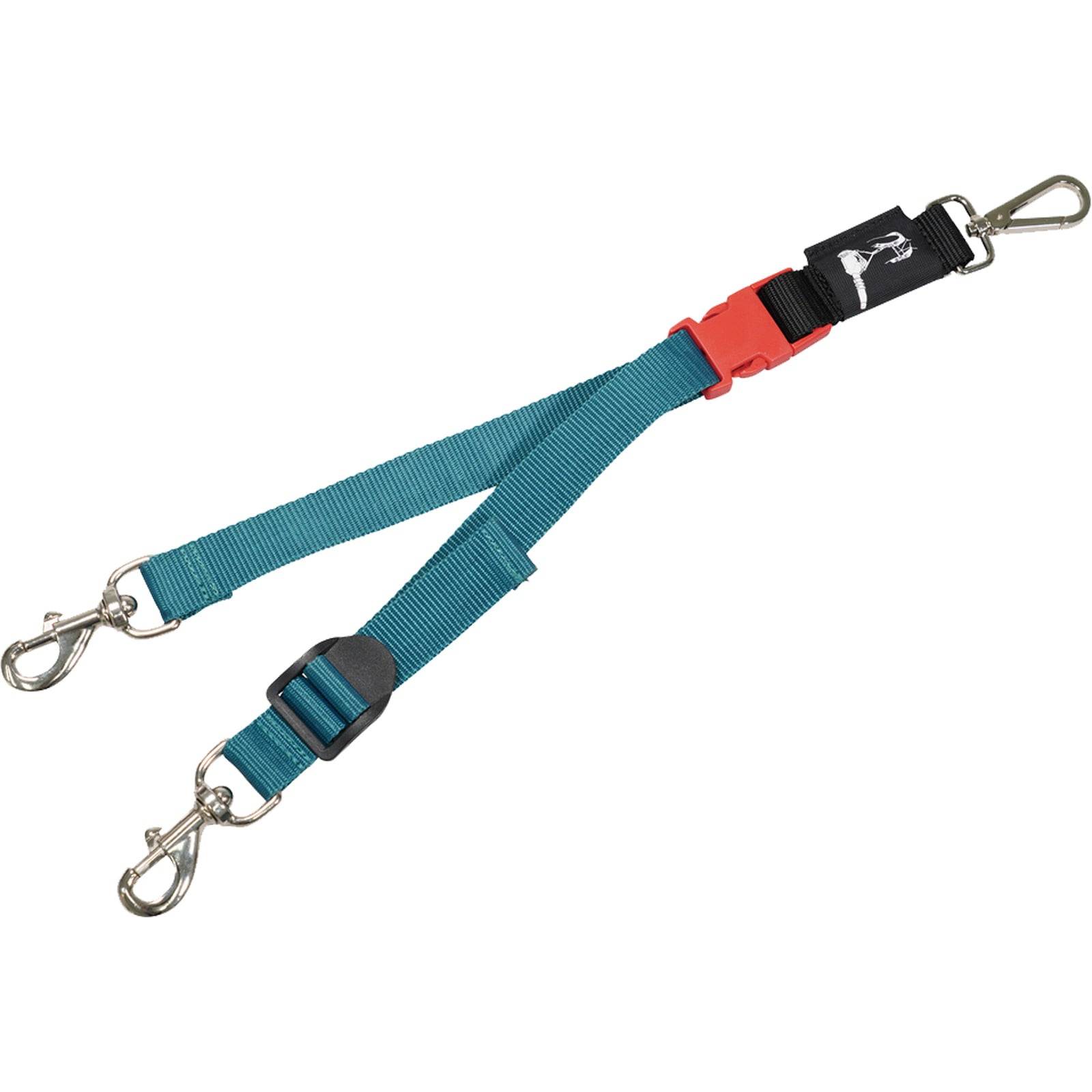 Petrolblauer Doppel-Hundeleinenkuppler mit Metallkarabinern und einer roten Schnalle zum Verbinden von zwei Hunden an einer Leine.