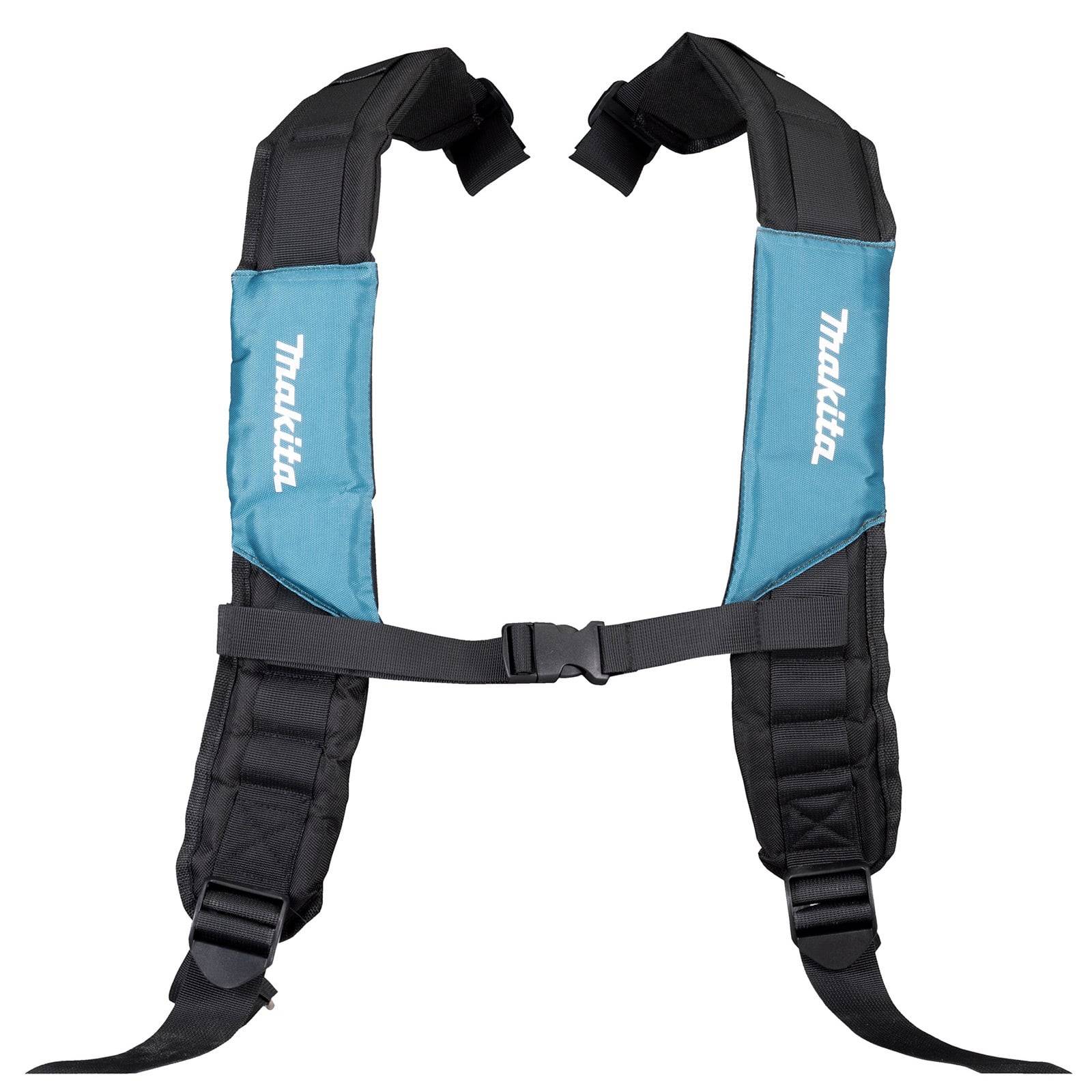 Makita Werkzeuggürtel mit gepolsterten Trägern und Schnalle, entwickelt zum sicheren Tragen schwerer Werkzeuge, mit blauen Paneelen und Makita-Logo.