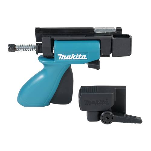 Makita-Werkzeugzubehör mit blau-schwarzem Griff, federbelasteter Klemme und separatem schwarzem Befestigungsteil auf weißem Hintergrund.
