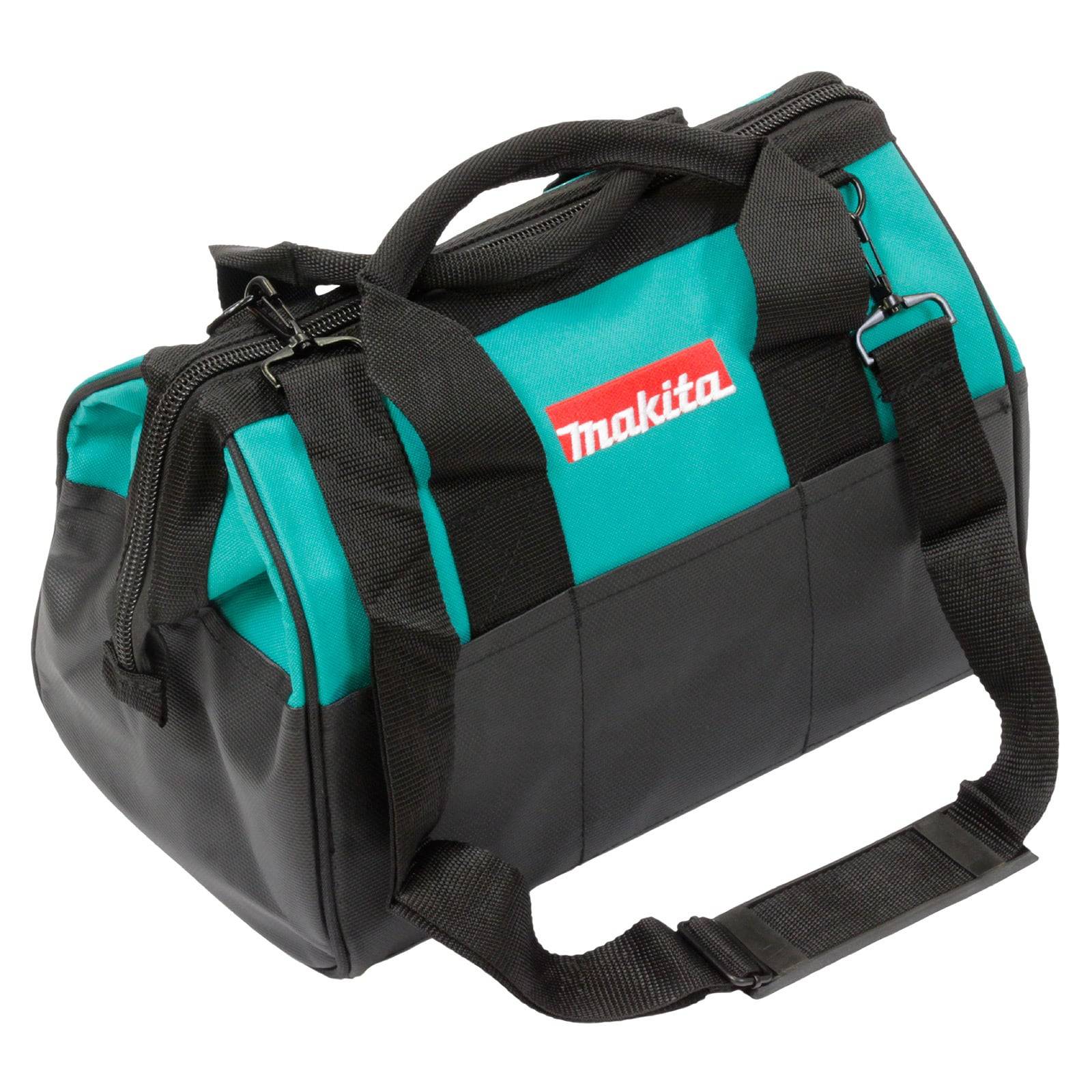 Eine türkise und schwarze Makita Werkzeugtasche mit einem rot-weißen Logo, ausgestattet mit Griffen und einem verstellbaren Schultergurt.