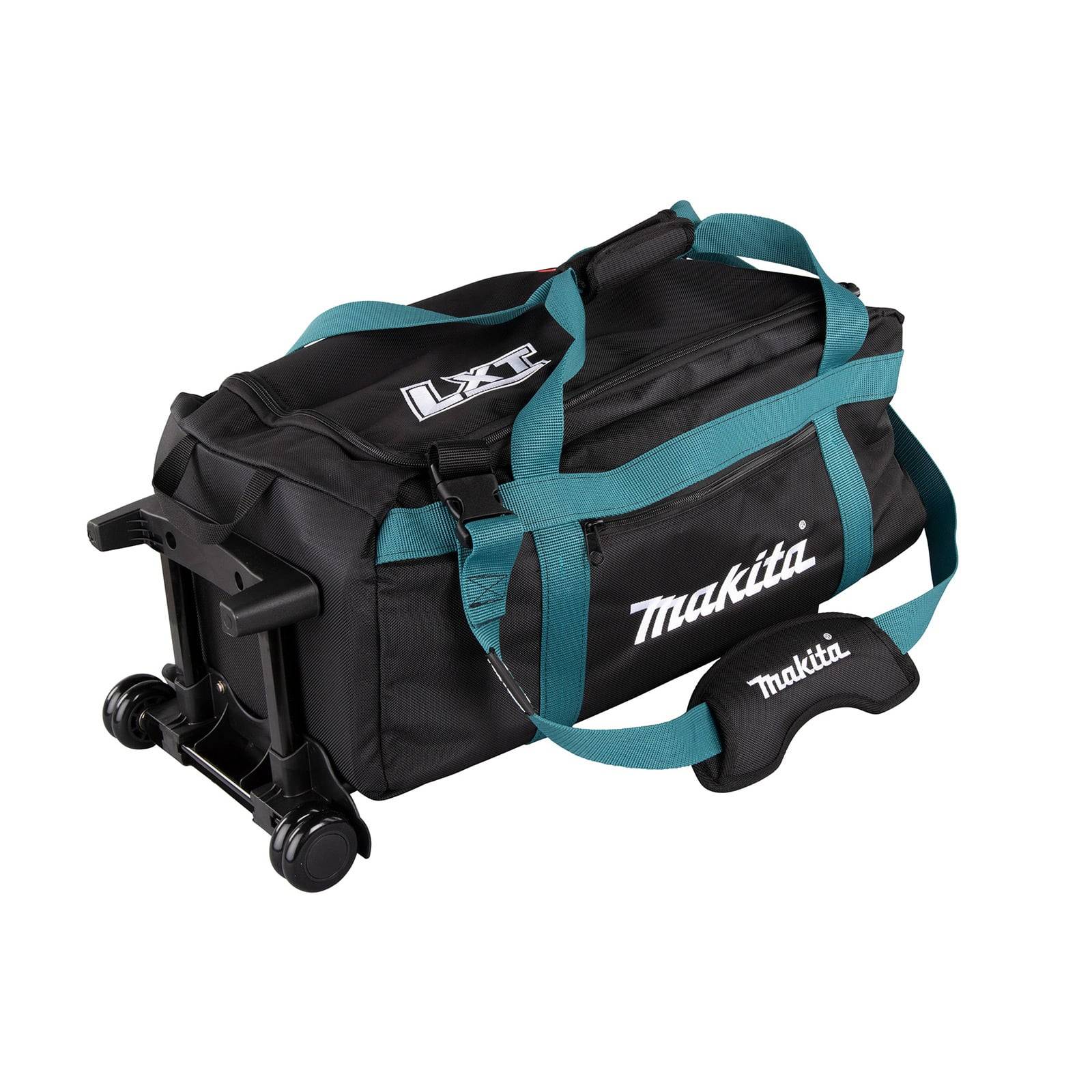 Eine schwarze und türkisfarbene Makita Werkzeugtasche mit ausziehbarem Griff und Rollen, mit den Makita- und LXT-Logos versehen.