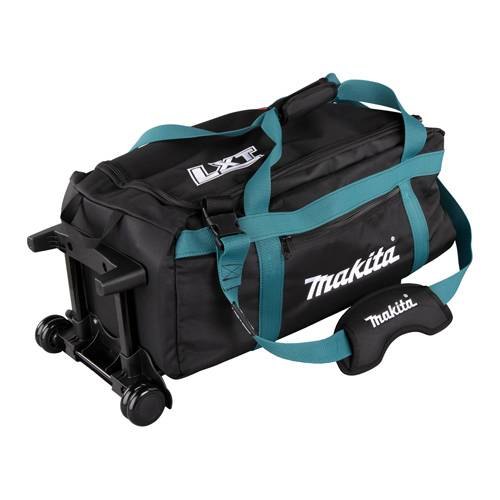 Schwarze Makita LXT Rollwerkzeugtasche mit petrolblauen Griffen und Schultergurt, auf weißem Hintergrund dargestellt.