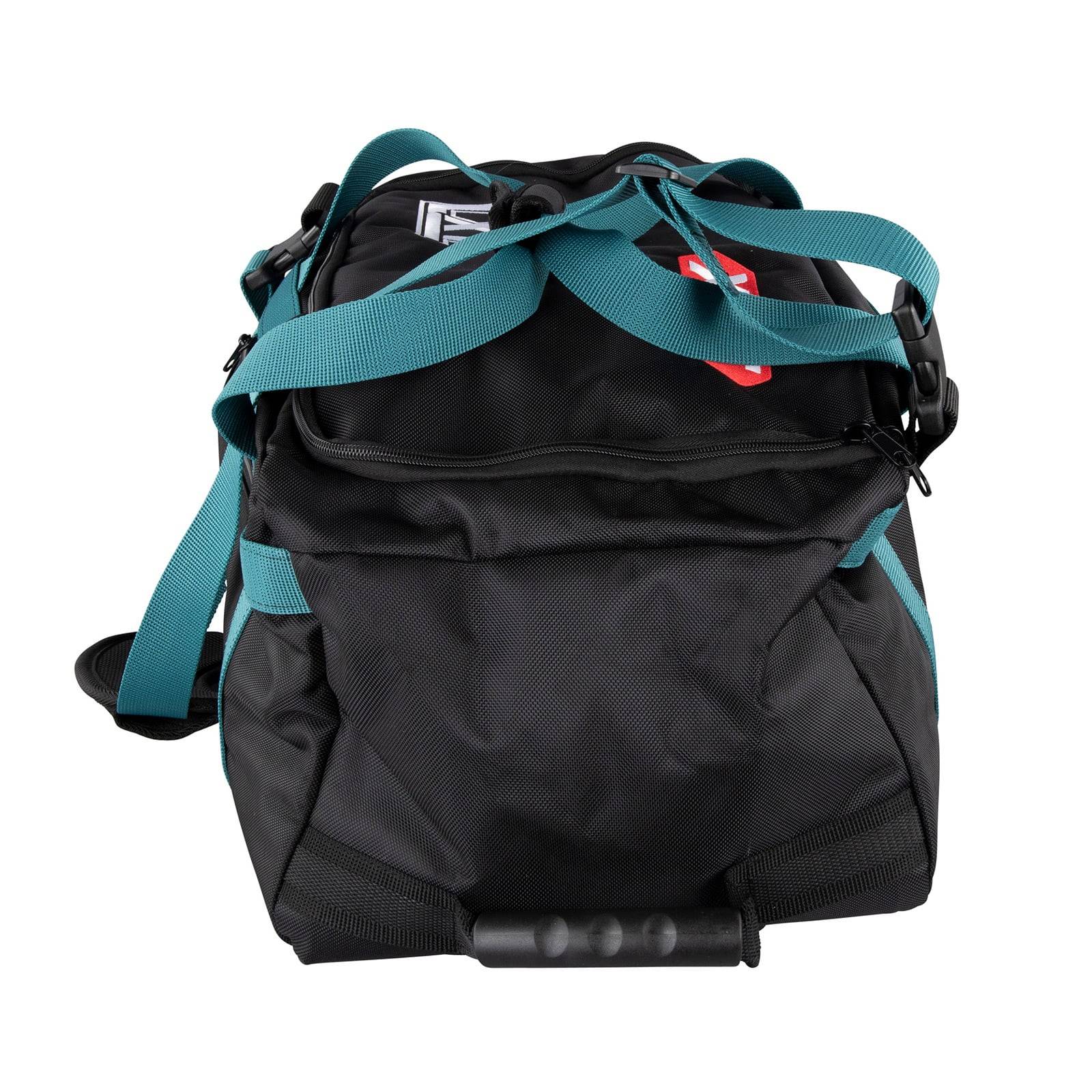 Eine schwarze und petrolblaue Reisetasche mit mehreren Fächern und robusten Griffen, die ein kleines Logo auf einer Tasche trägt.