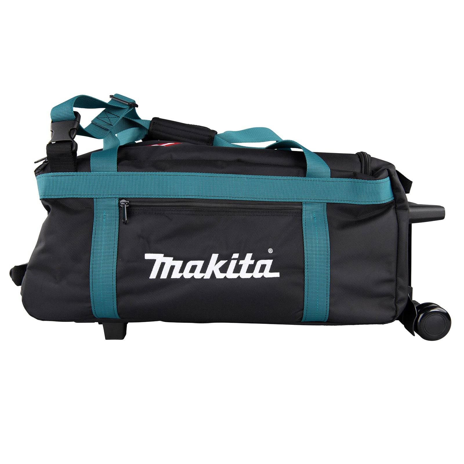 Makita-Markentasche in Schwarz und Petrol mit Rollen, Schulter- und Seitenriemen, Seitentasche und strapazierfähigen Rollen für einfachen Transport.