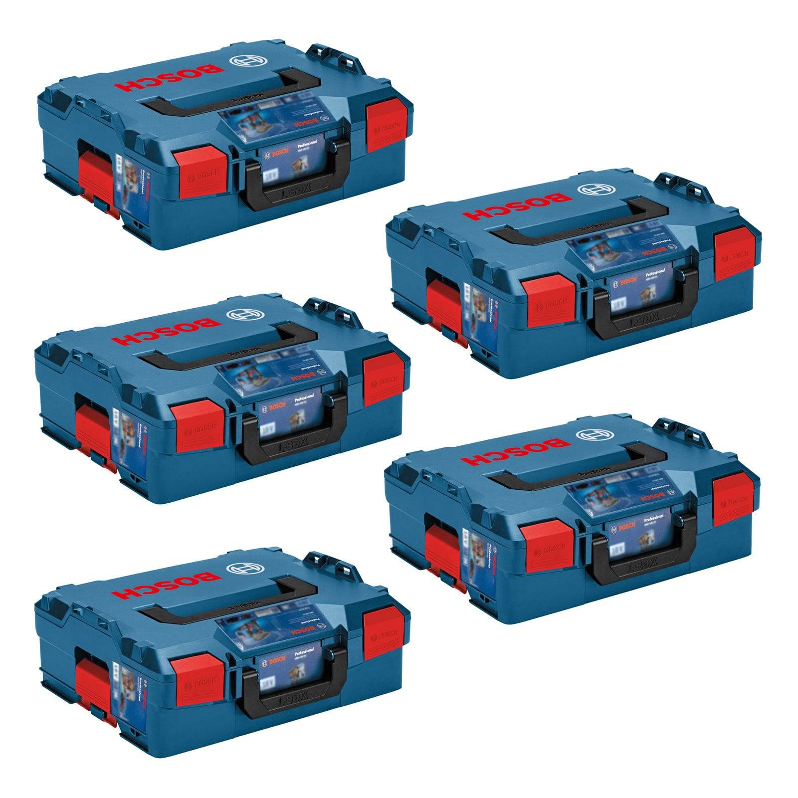 Fünf blaue und rote Werkzeugkästen, paarweise gestapelt, mit schwarzen Griffen und durchsichtigen Deckeln, die das Etikett 'BOSCH' in einer Werkstattumgebung tragen.