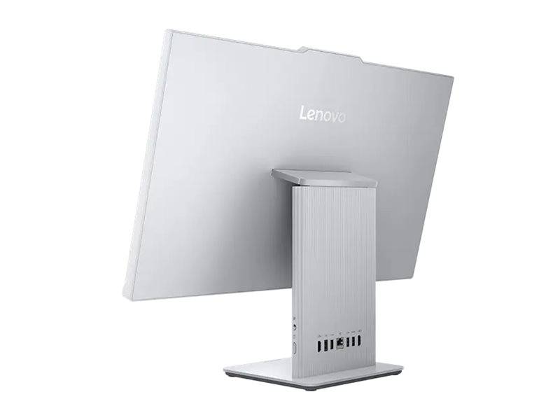 Seitenansicht eines silbernen Lenovo-Computermonitors, der seinen Standfuß und die rückseitigen Anschlüsse zeigt und sein schlankes und modernes Design hervorhebt.