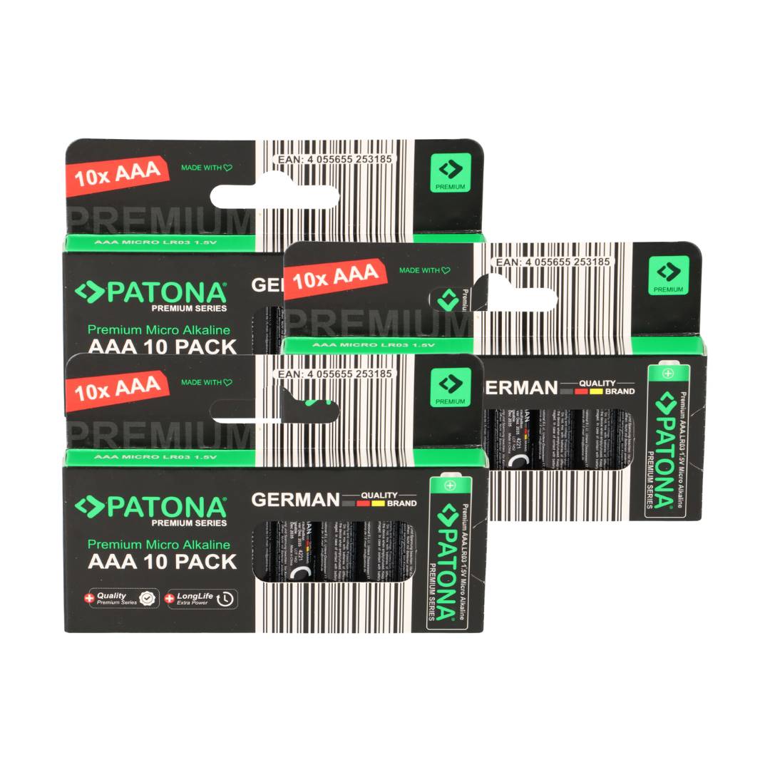 Drei Pakete von Patona Premium Series AAA-Batterien, jeweils ein 10er-Pack, angezeigt mit Micro-Alkaline-Etiketten und QR-Codes.