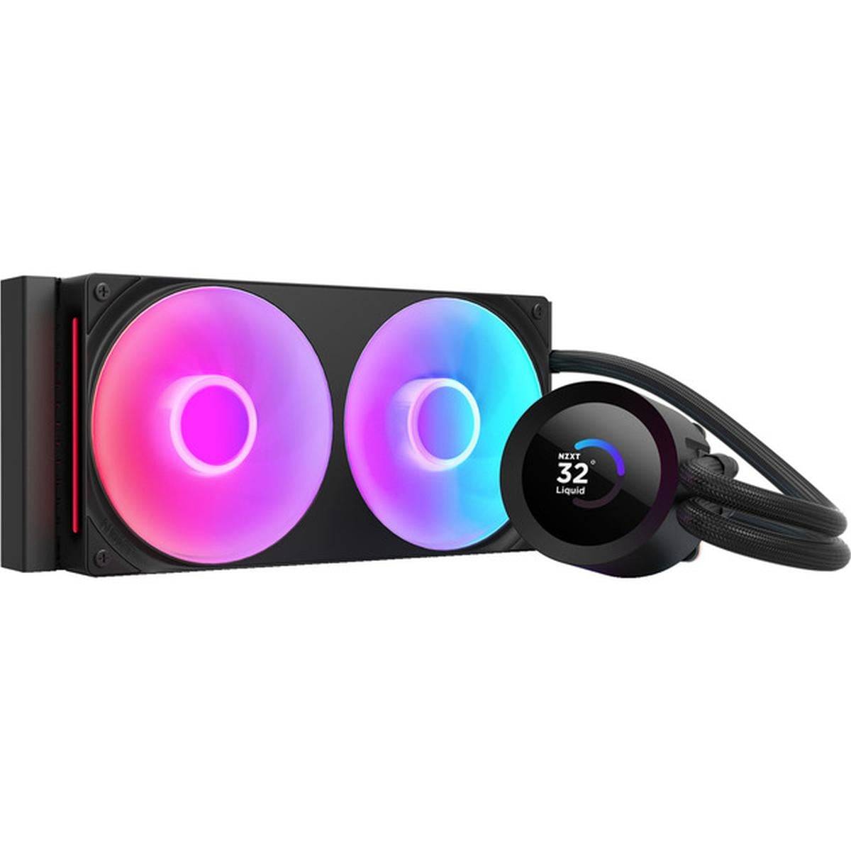 Flüssigkühlsystem mit zwei RGB-Lüftern und einem digitalen Display, das „32° Liquid