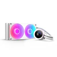 Computerkühlung mit zwei RGB-beleuchteten Lüftern und einem digitalen Kontrolldisplay, das '32°' anzeigt. Weißes Gehäuse mit angeschlossenen Kühlschläuchen.