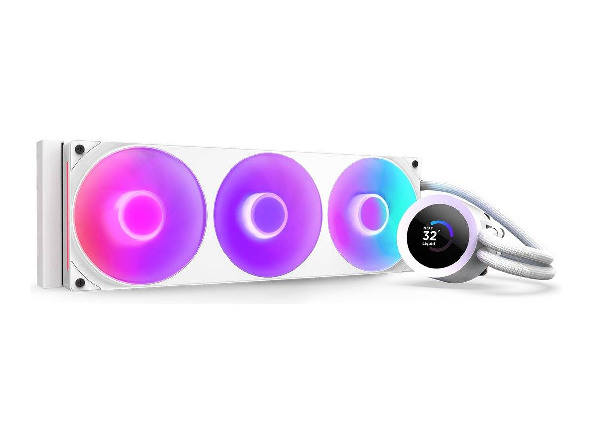 Weiße Flüssigkeits-CPU-Kühler mit drei RGB-beleuchteten Lüftern und einer Pumpe mit Anzeige von 32 Grad, gezeigt auf weißem Hintergrund.