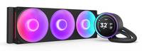 Eine Computerkühlung mit drei leuchtenden Lüftern, die leuchtende rosa, violette und blaue LED-Beleuchtung zeigen.
