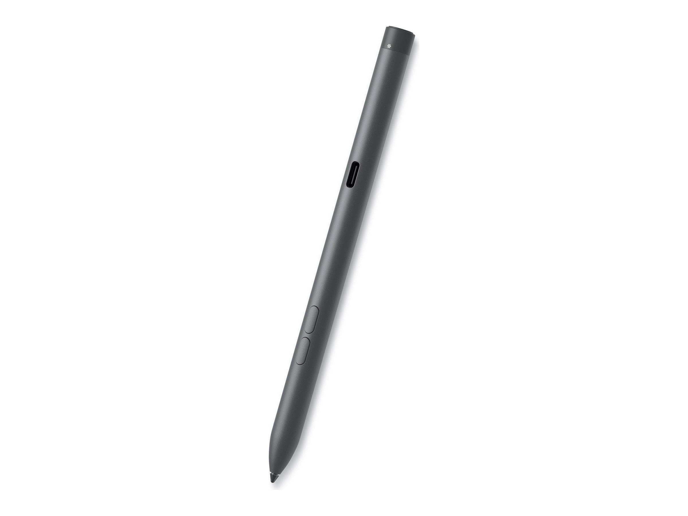 Ein schwarzer Stylus-Stift mit zwei Seitenknöpfen und einer spitzen Spitze, der zum digitalen Schreiben oder Zeichnen auf Touchscreens verwendet wird.