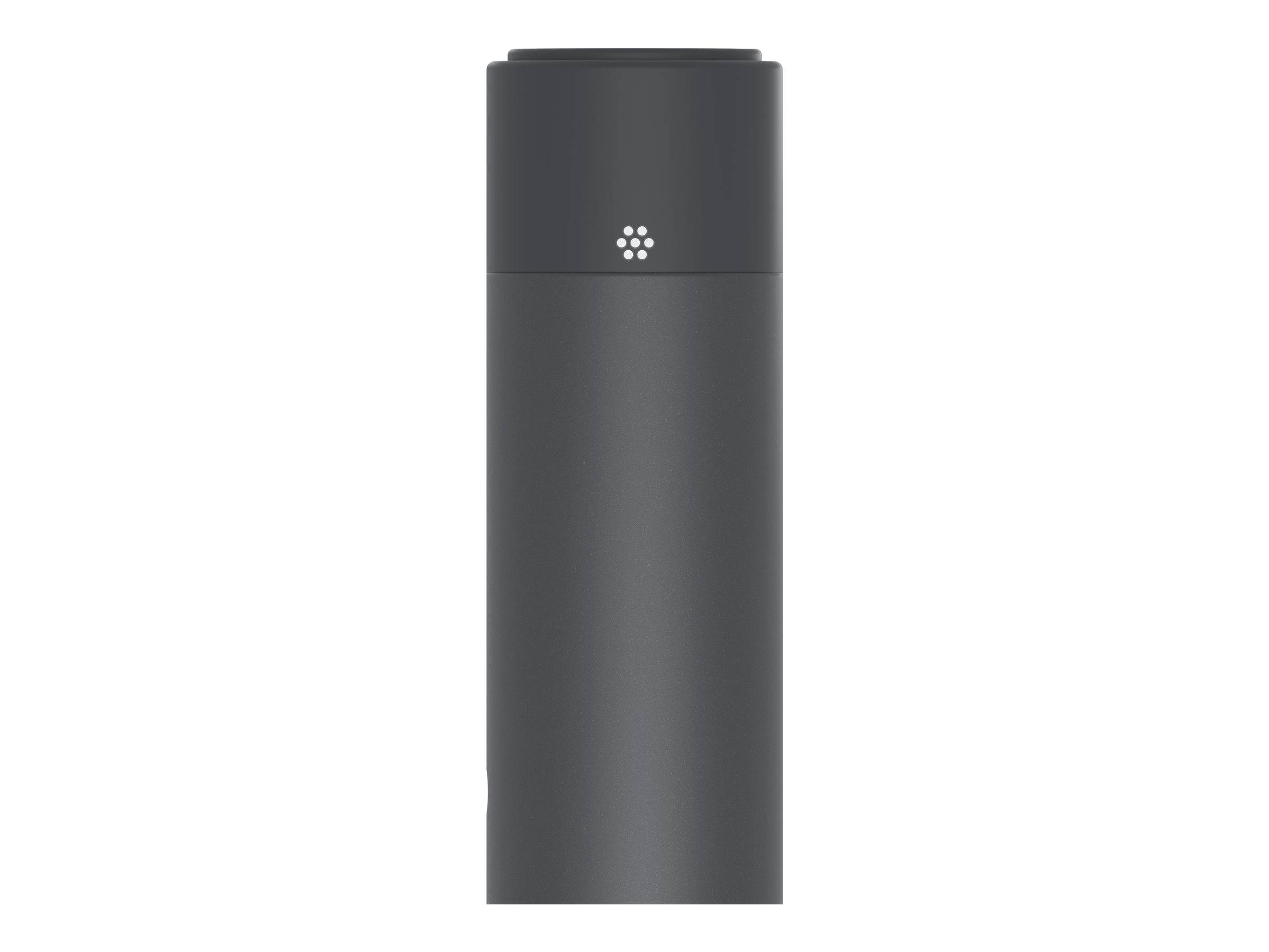 Eine schlanke, dunkelgraue Zylinderflasche mit minimalistischem Design, die ein kleines kreisförmiges Logo nahe dem oberen Rand trägt.