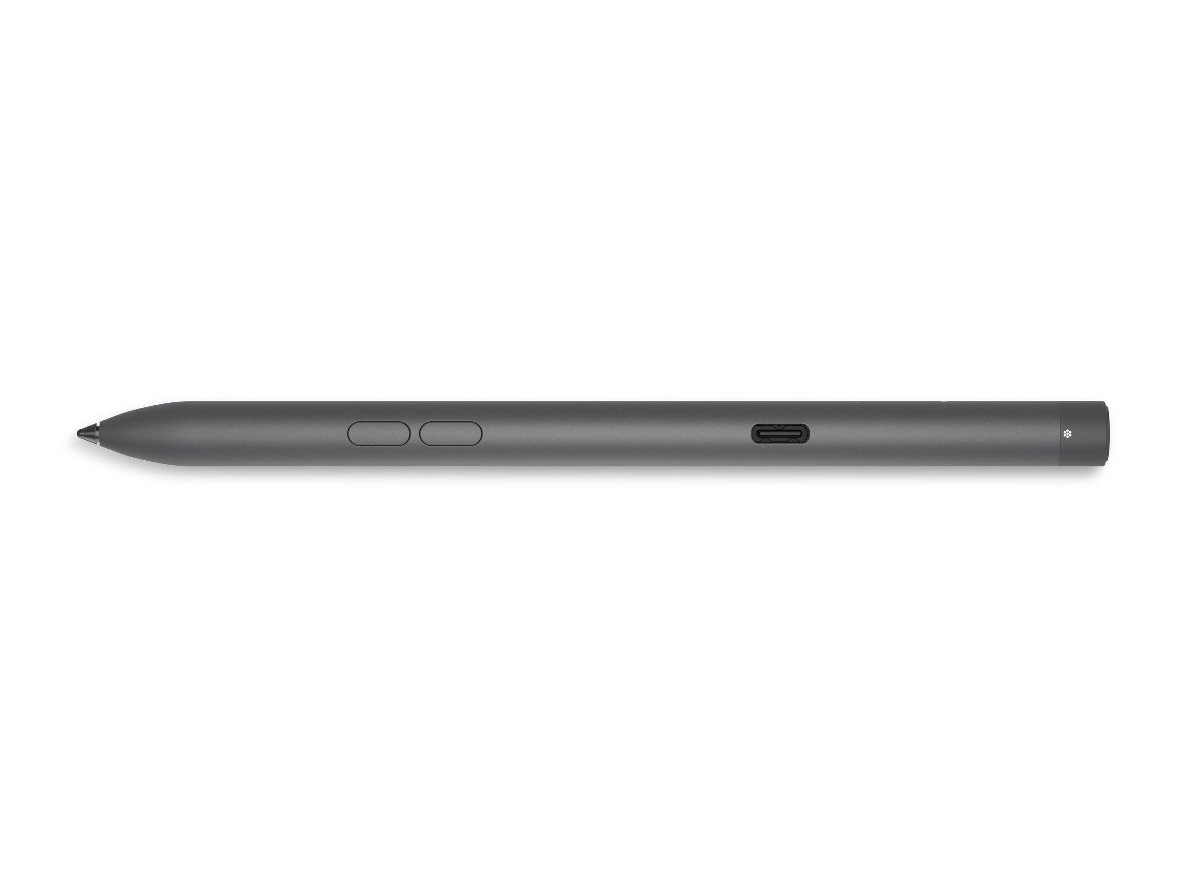 Eine Nahaufnahme einer Seitenansicht eines schwarzen elektronischen Geräts mit zwei Tasten und einem USB-C-Anschluss.