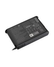 Schwarzer rechteckiger Laptop-Stromadapter mit angeschlossenem Kabel auf weißem Hintergrund.