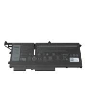 Schwarze Dell-Laptop-Batterie auf weißem Hintergrund, mit sichtbarem Anschluss und Etikett.