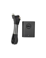 Dell-Netzteil mit aufgewickeltem Ladekabel auf weißem Hintergrund.