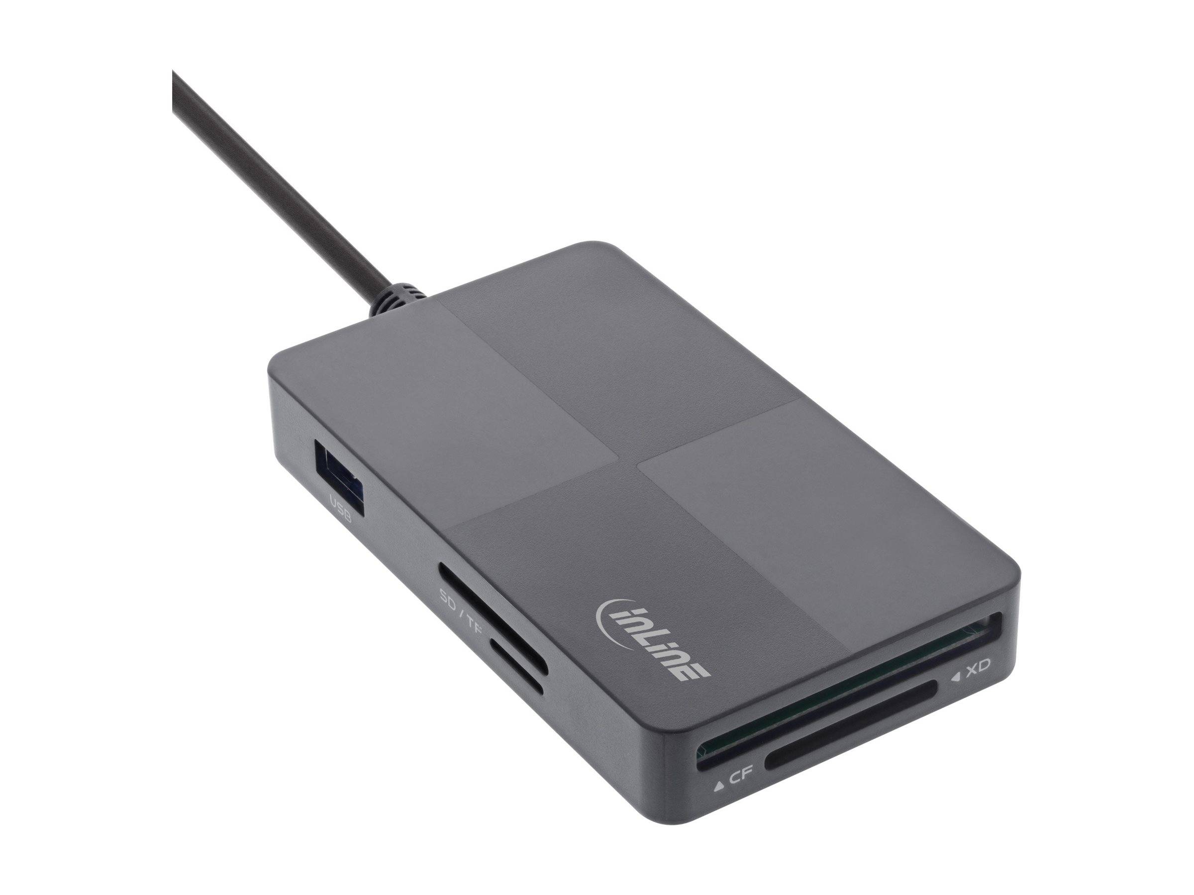 Ein Multiport-Kartenleser mit Steckplätzen für CF-, XD-, MMC-, SD- und MS-Karten, ausgestattet mit einem USB-Verbindungskabel für einfachen Datentransfer.