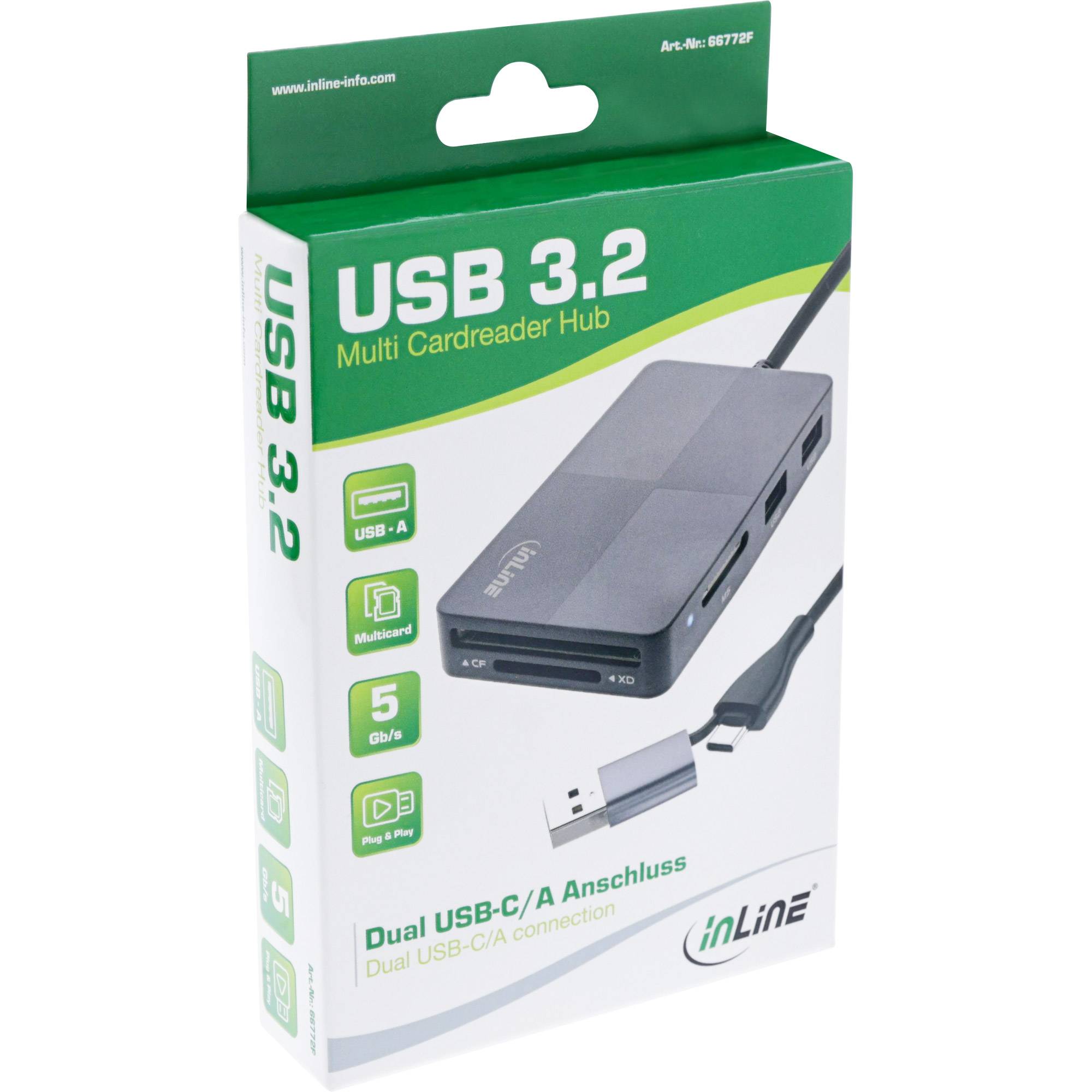 InLine USB 3.2 Multi Cardreader Hub - SD/TF/MS/XD/CF - 3-Port USB-A - DualxD) -