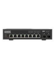 Vorderansicht eines D-Link-Netzwerk-Switches mit acht Ethernet-Ports und zwei zusätzlichen Uplink-Ports auf weißem Hintergrund.
