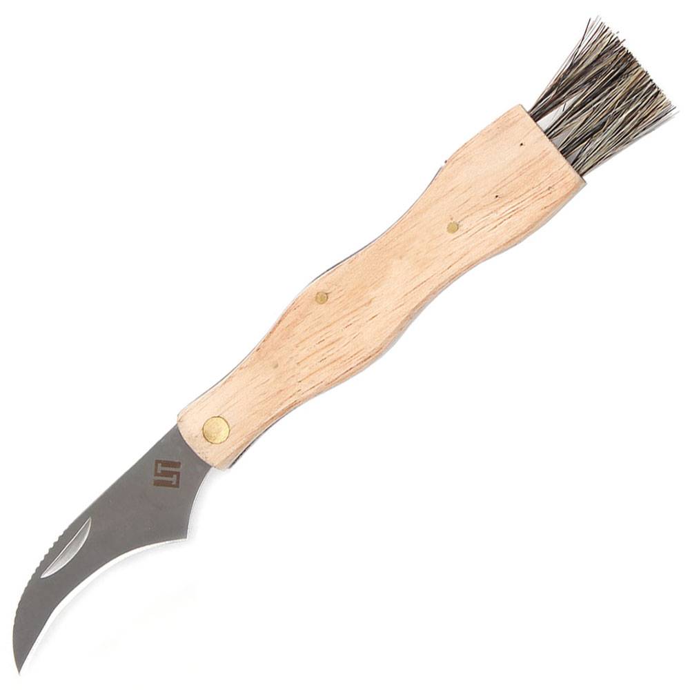 Ein Klappmesser zum Beschneiden mit Holzgriff, gebogener Metallklinge und bürstenartigen Borsten am Ende.
