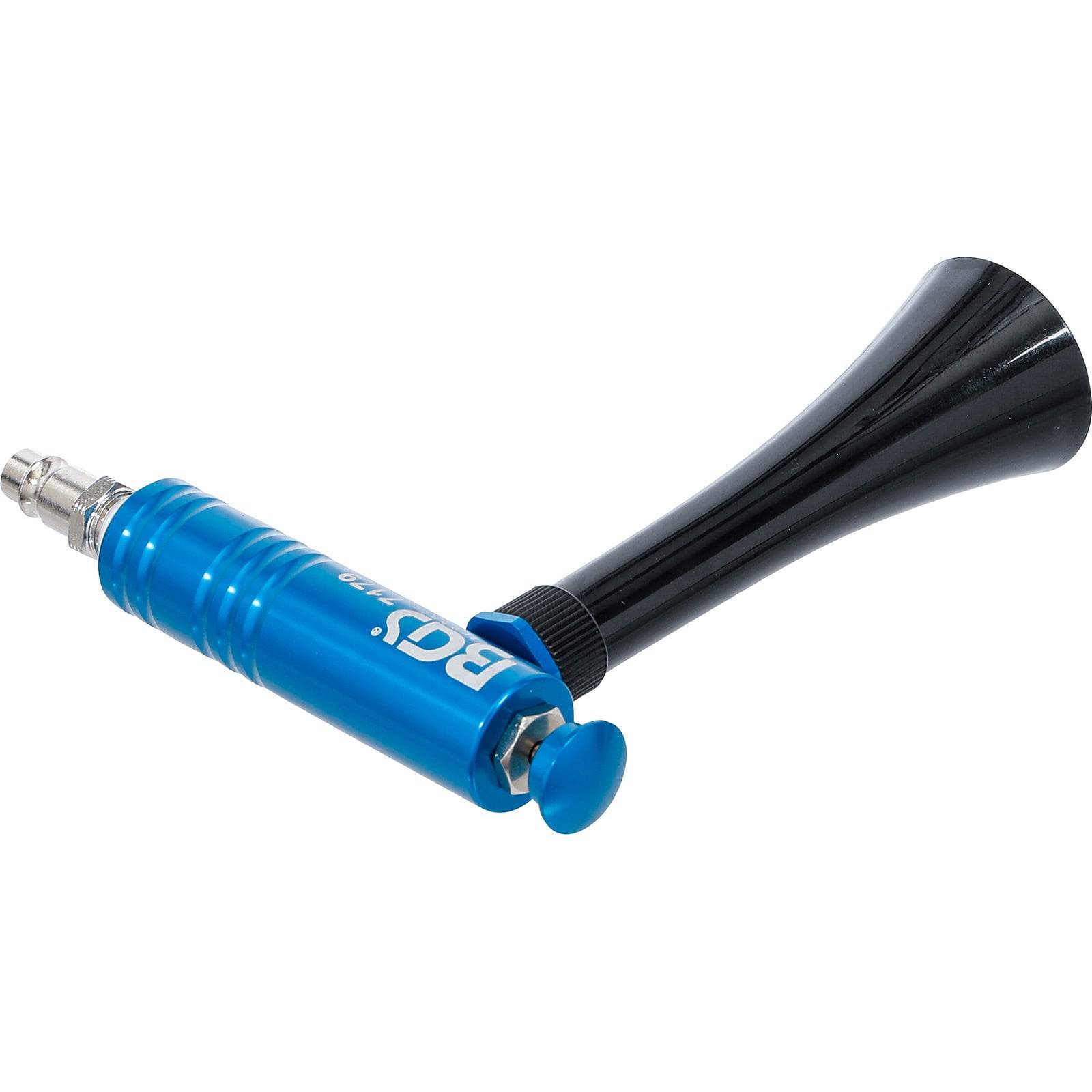 Eine blaue und schwarze tragbare Drucklufthuppe mit einer trompetenförmigen Glocke, die entwickelt wurde, um laute Töne zu erzeugen und häufig bei Veranstaltungen oder zur Signalgebung eingesetzt wird.