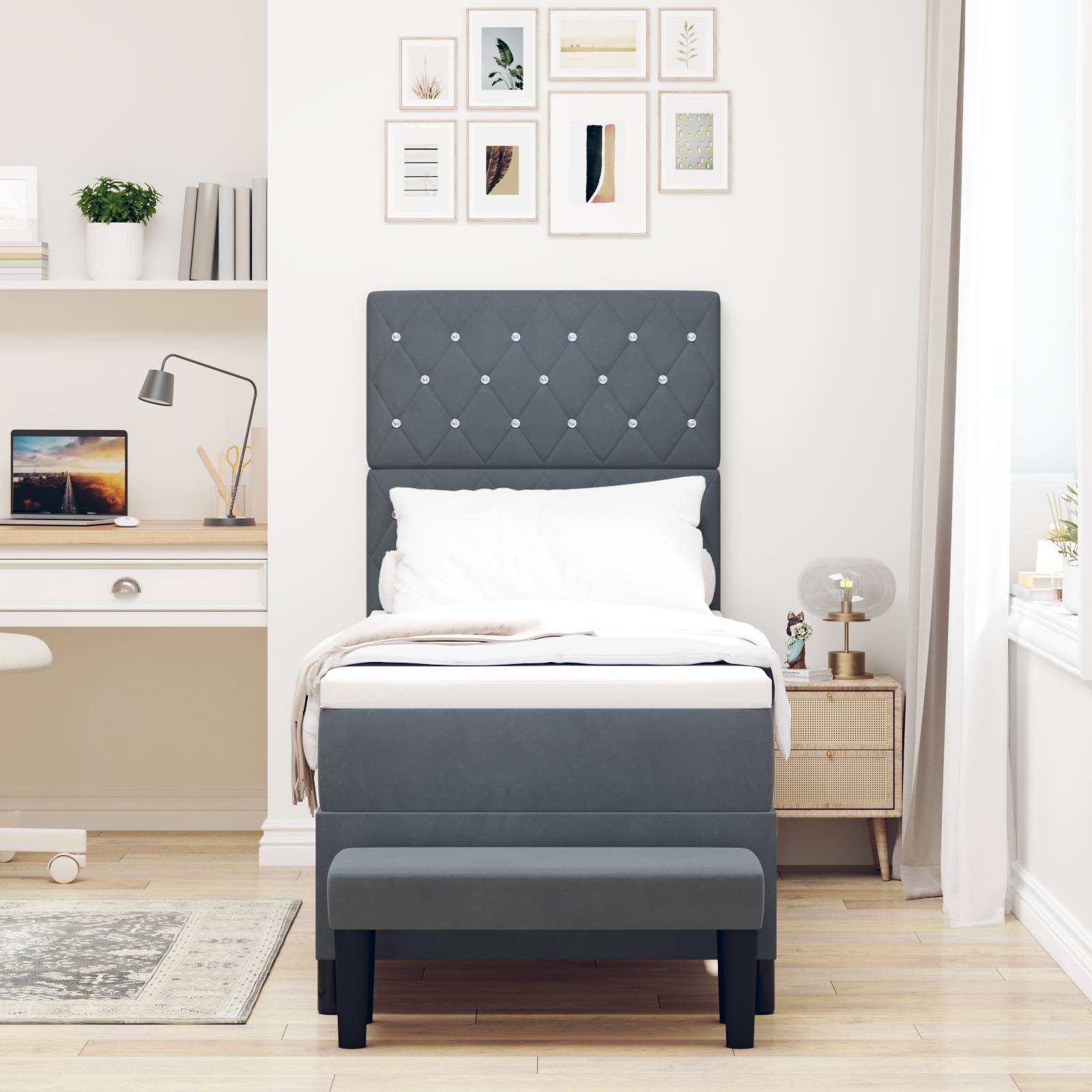 vidaXL Boxspringbett mit Matratze & Bank Dunkelgrau 80x200 cm Samt