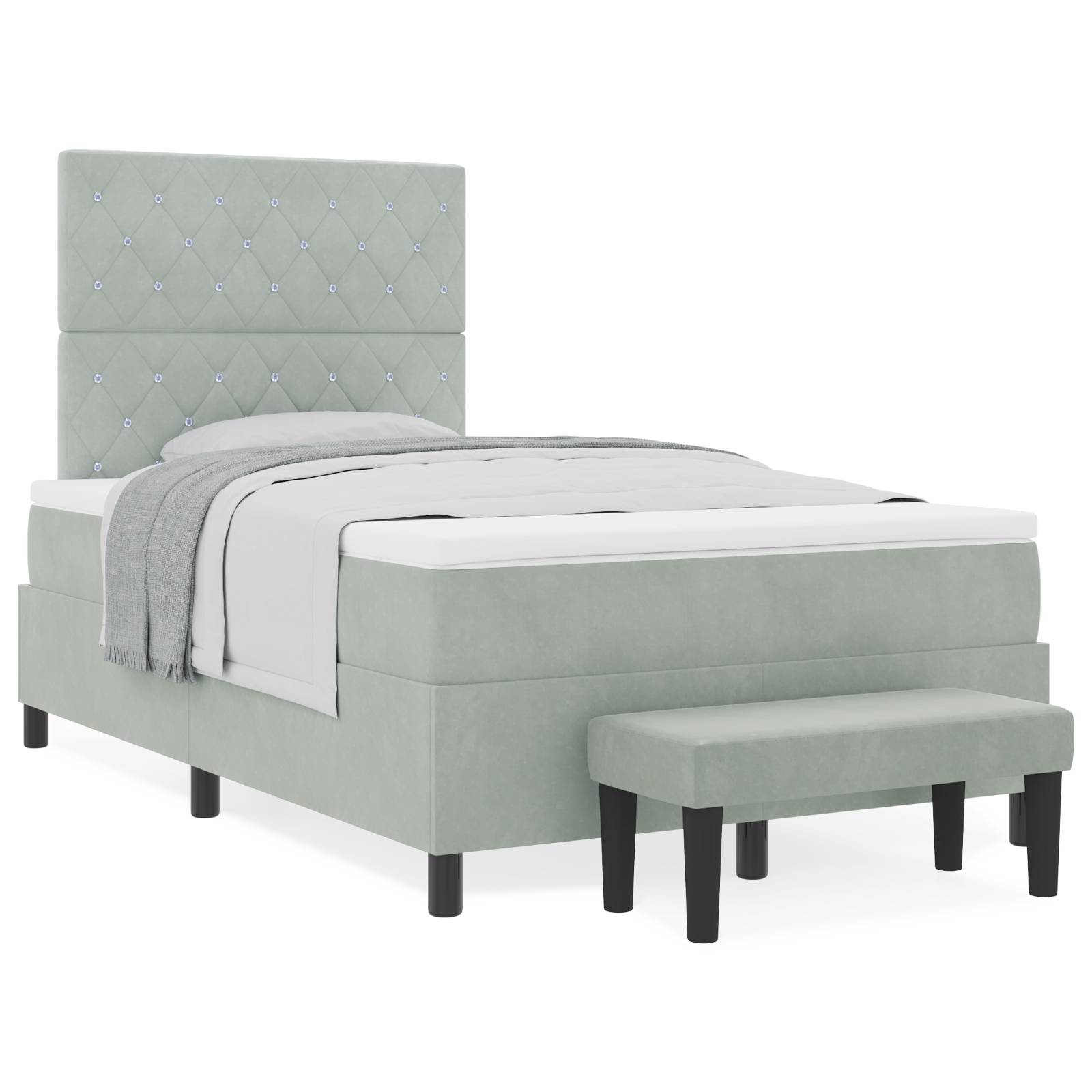 vidaXL Boxspringbett mit Matratze & Bank Hellgrau 120x190 cm Samt