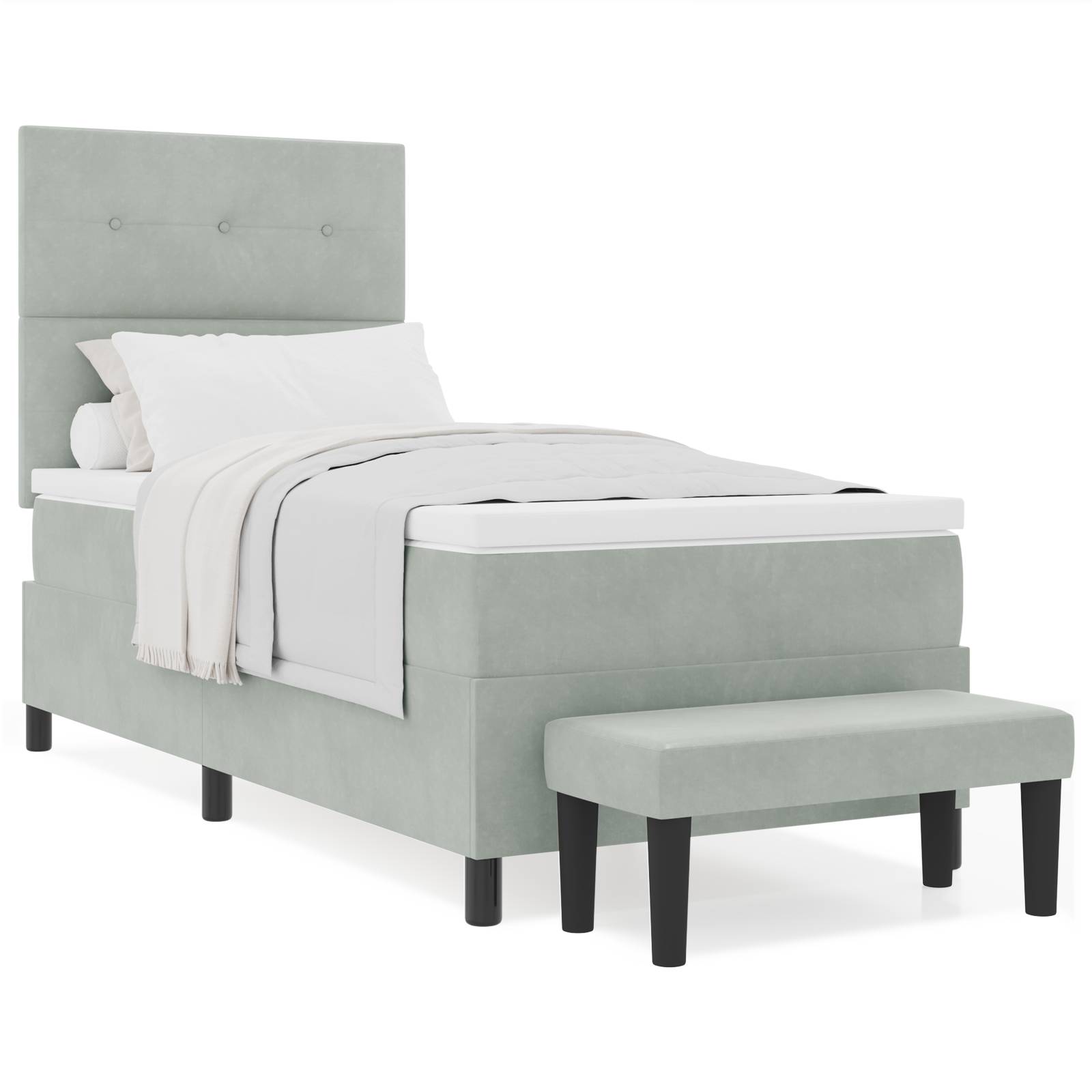 vidaXL Boxspringbett mit Matratze & Bank Hellgrau 90x190 cm Samt