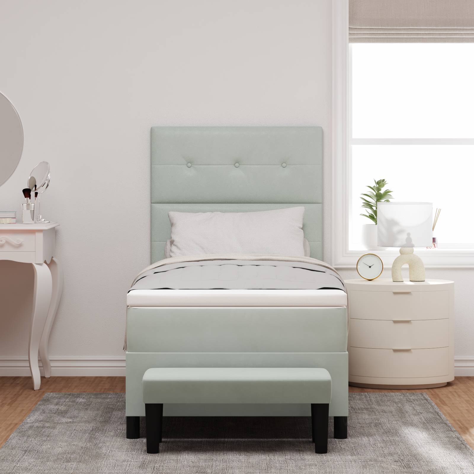 vidaXL Boxspringbett mit Matratze & Bank Hellgrau 90x190 cm Samt