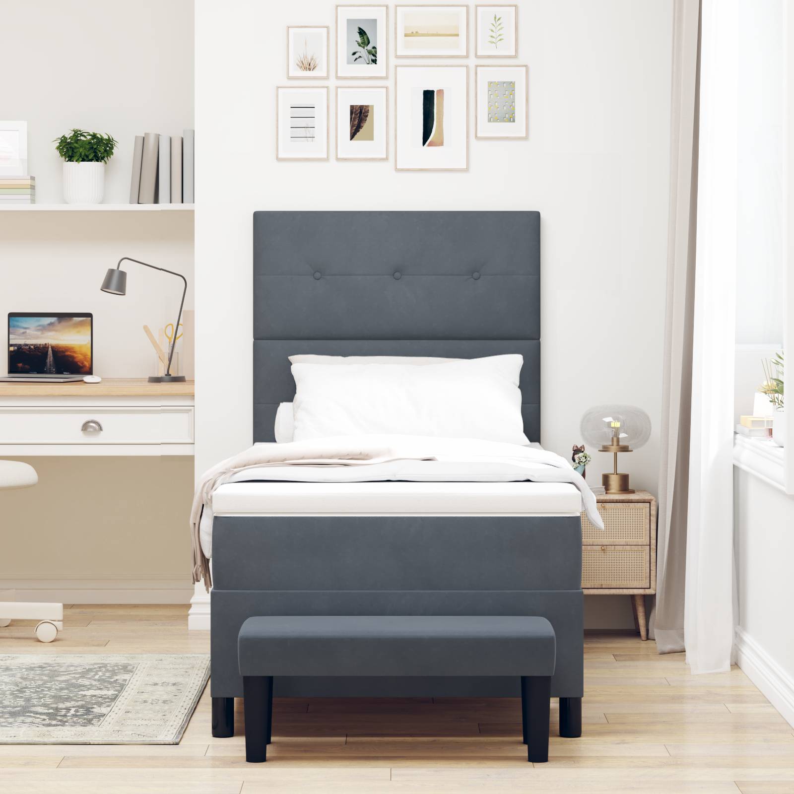 vidaXL Boxspringbett mit Matratze & Bank Dunkelgrau 100x200 cm Samt