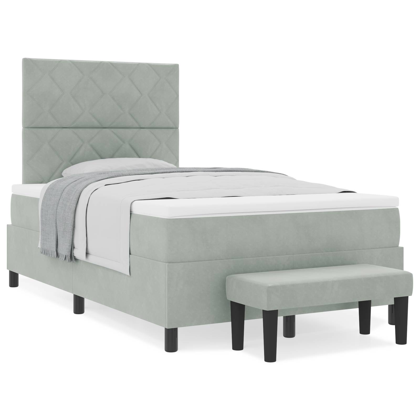 vidaXL Boxspringbett mit Matratze & Bank Hellgrau 120x190 cm Samt