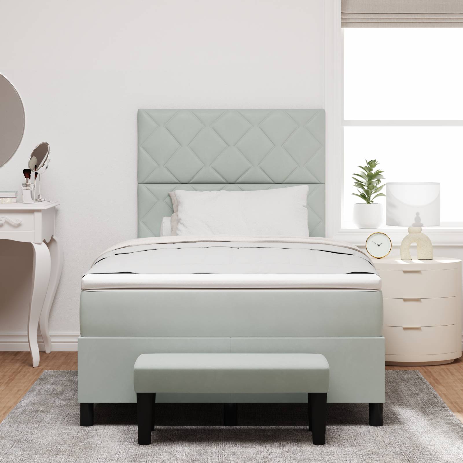 vidaXL Boxspringbett mit Matratze & Bank Hellgrau 120x190 cm Samt