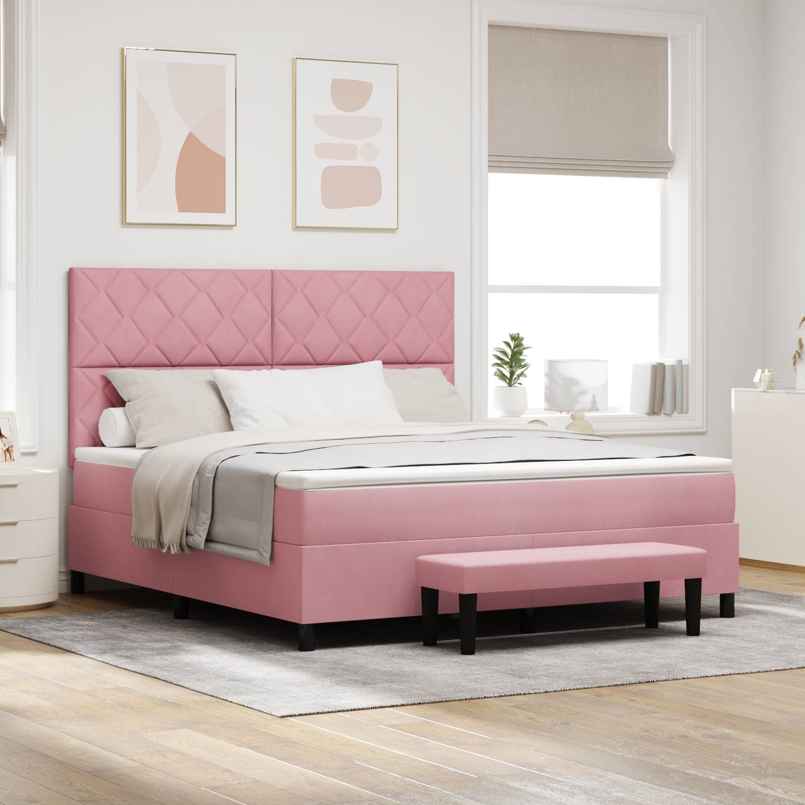 vidaXL Boxspringbett mit Matratze und Bank Rosa 180x200 cm Samt