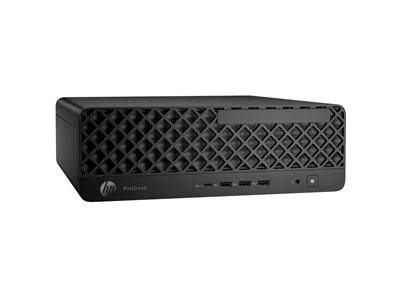 Ein schwarzer HP ProDesk Desktop-Computer mit einer rautengemusterten Frontblende, DVD-Laufwerk, vier USB-Anschlüssen, Netzschalter und Audiobuchse.