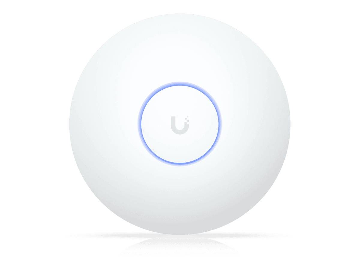 Ein weißer, kreisförmiger WLAN-Zugangspunkt mit einem leuchtend blauen Ring in der Mitte.