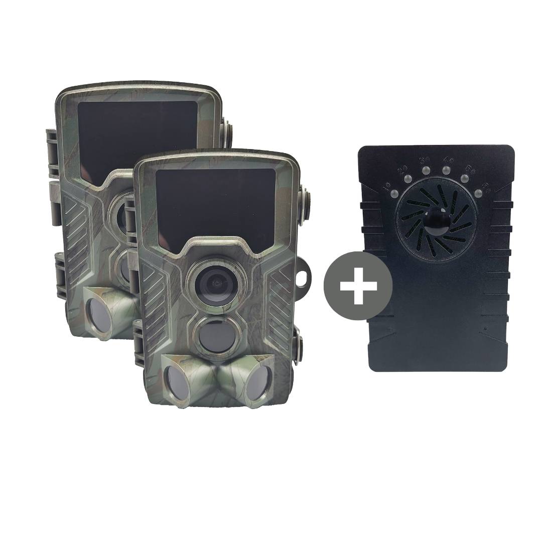 Berger & Schröter | 2x 4K Wildkamera / Melder + Empfänger Set, Ton oder LED Meldung bis 100m, 6 Wildkameras kombinierbar